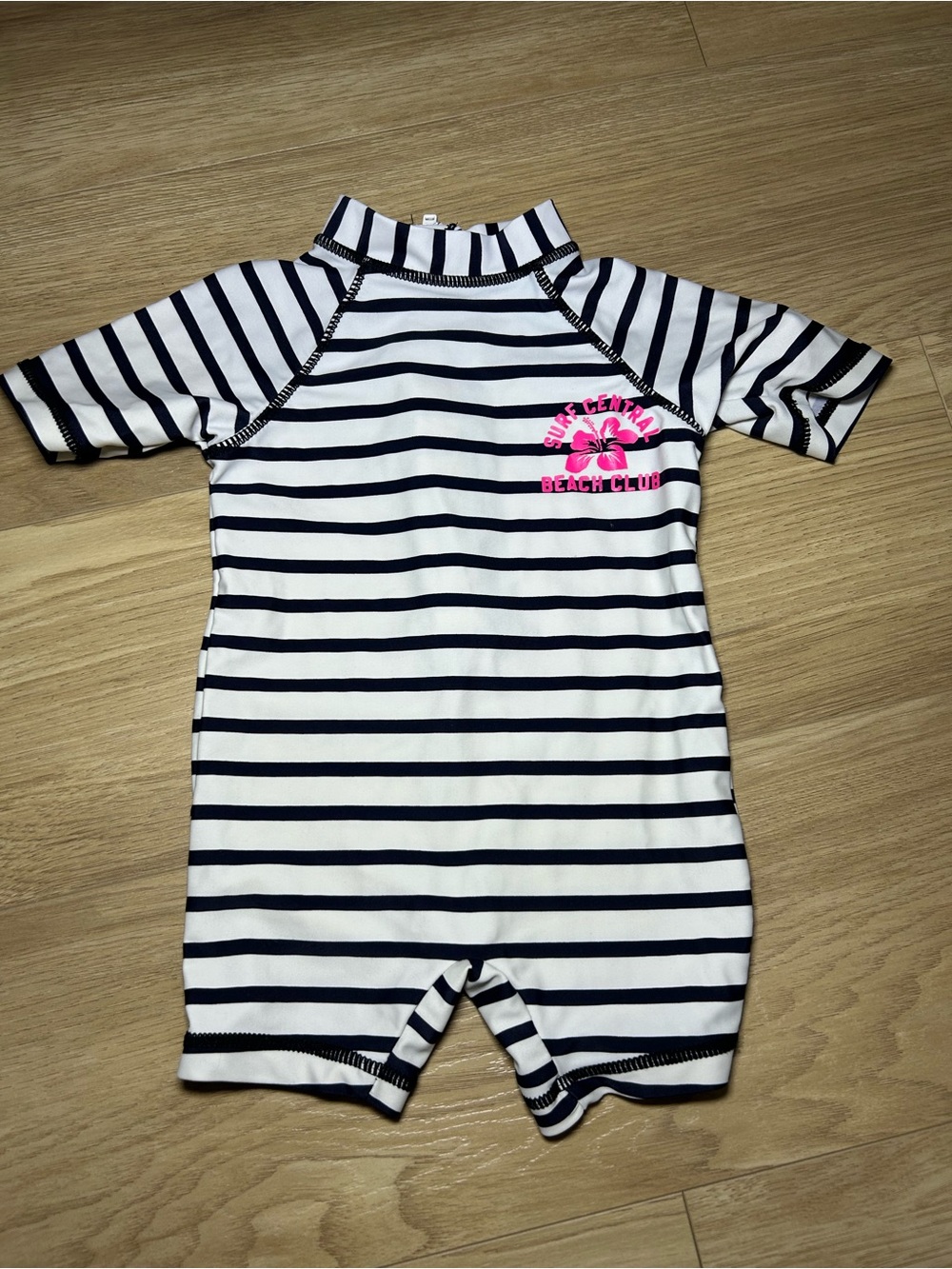 Joe Fresh Navy & White Striped One-Piece Swim Suit with Pink Logo